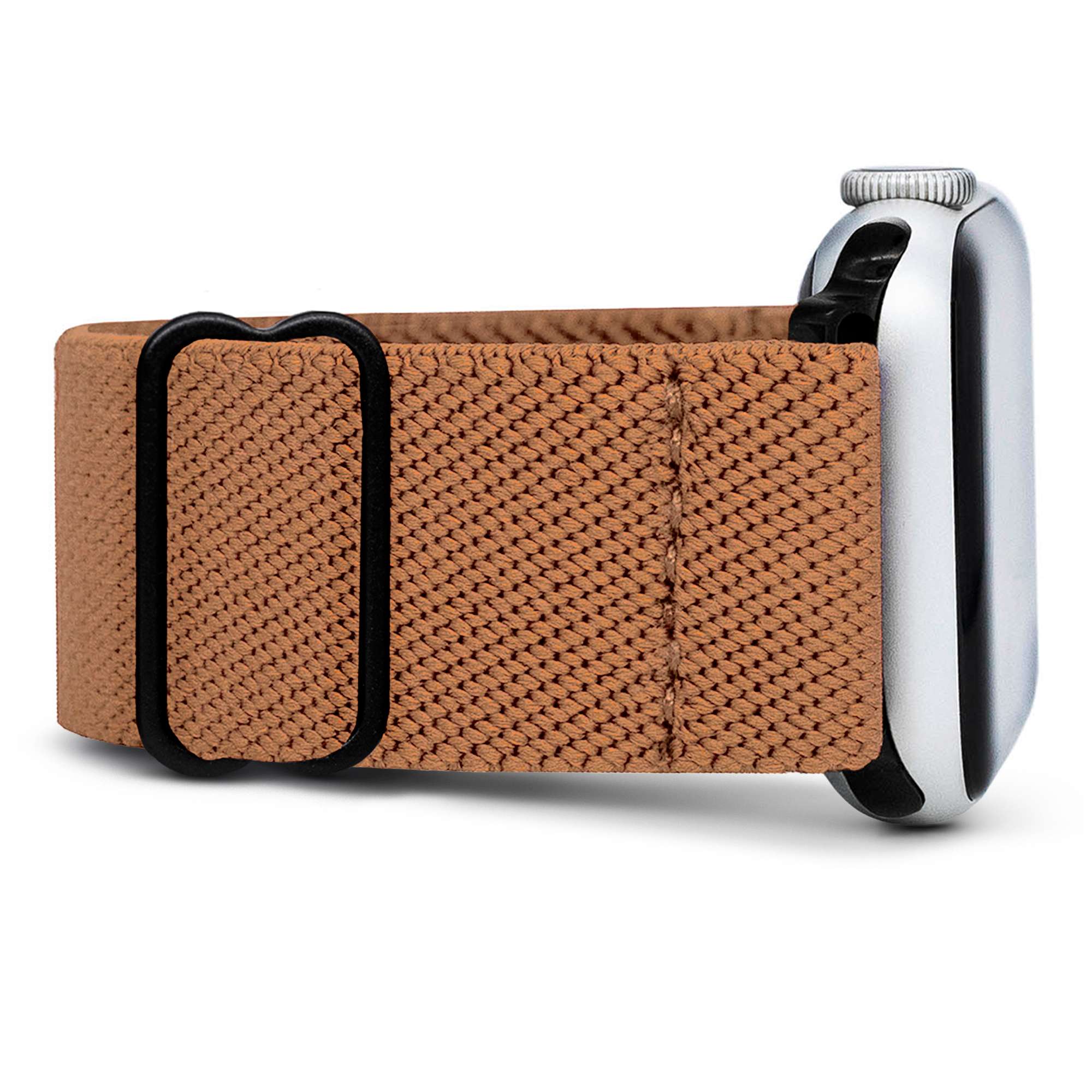 Smartwatch with a brown woven band and silver casing, side view.